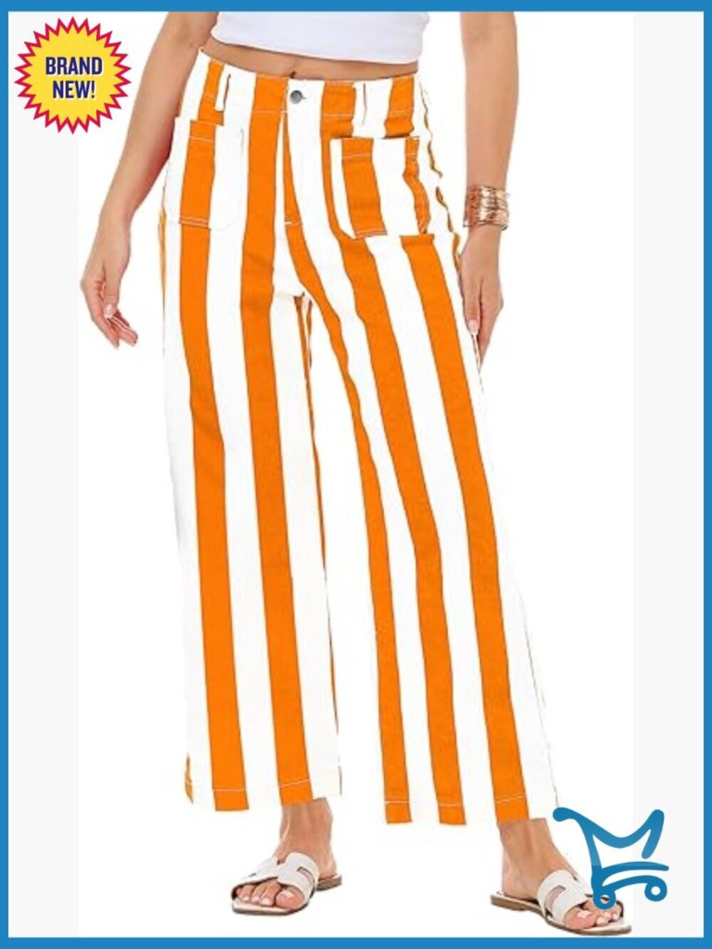 Stretchy Cropped Wide Leg Striped Jeans with Pockets High Rise